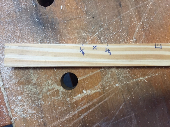 A demonstration piece in scrap southern yellow pine. You can see the magic point marked between the 1/4 and 1/3 points, and at the end the 3.5mm curve point.
